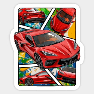 Multiple Angles of the Red C8 Corvette Presented In A Bold Vibrant Panel Art Display Supercar Sports Car Racecar Torch Red Corvette C8 Sticker